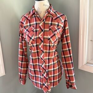 Vintage HbarC red pink plaid pearl snap from western shirt EVC size L/XL
